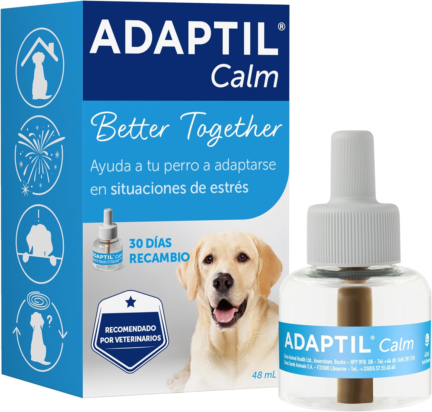 Calm - Antiestrés para perros - Solo en casa, Miedos, Ruidos fuertes, Adopción - Recambio 48ml