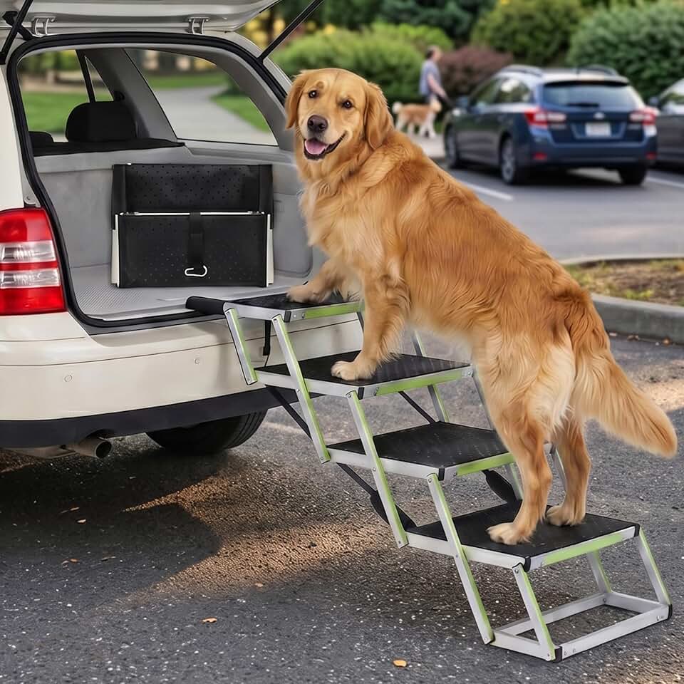 Para Perros pequeños o Grandes PRIORPET - Marca Que Brilla en la Oscuridad - Rampa de Coche Plegable - Adecuada para Todos los Coches - Superficie Antideslizante - 4 Escalones