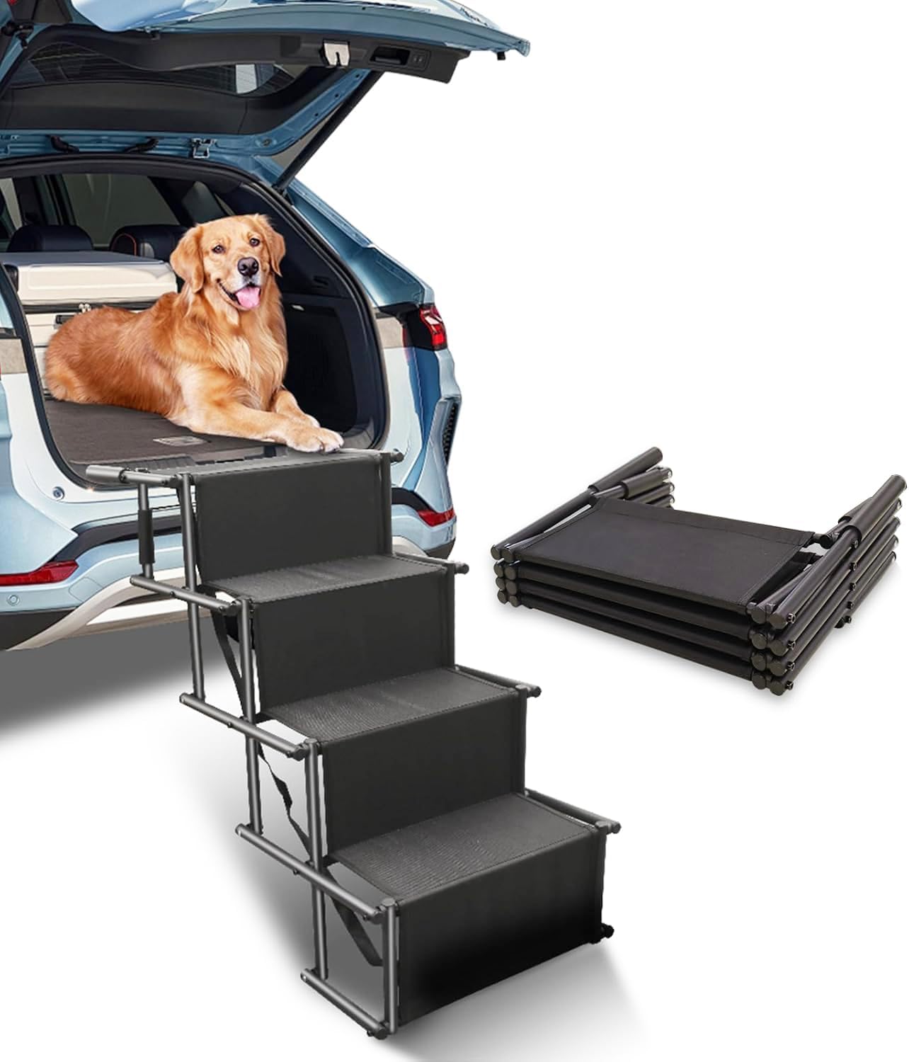 Para Perros,Rampa para Perros Coche,Escalera Perros 4 Peldaños Plegables,hasta 80kg Cargable,para Gatos Perros,Cachorros Perro Viejo,para Todos los vehículos (Negro, 101 * 75 * 47cm)