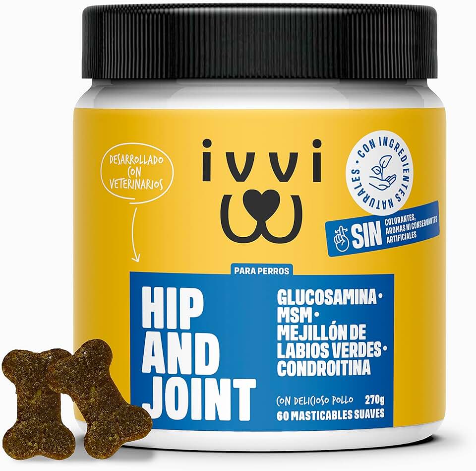 Hip and Joint - Articulaciones, Antiartrosis - Complemento Alimenticio para Perros, Altamente Concentrado - MSM, Mejillón de Labio Verde, Glucosamina - 60 Golosinas de Pollo, 270g