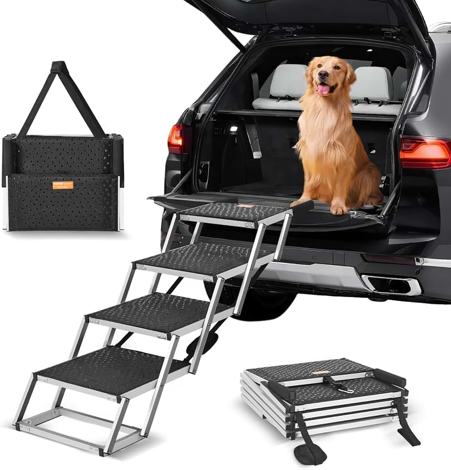 Escaleras para Perros para Coche de 4 escalones, Carga de 68 kg Rampa Plegable para Perros de Aluminio Ligero con Superficie Antideslizante Escalones Portátiles de Mascotas para Coche y Camión